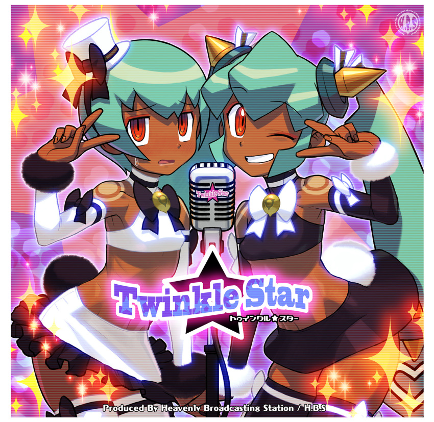 aqua_hair bare_shoulders bow breasts capcom commentary_request dark_skin detached_sleeves eyebrows_visible_through_hair eyeshadow frilled_skirt frills green_hair hair_ornament hat highres idol ishikawa_hideki long_hair makeup microphone midriff mini_hat miniskirt multiple_girls one_eye_closed red_eyes rockman rockman_dash sera_(rockman_dash) short_hair skirt small_breasts smile sweatdrop thighhighs twintails v yuna_(rockman_dash) zettai_ryouiki