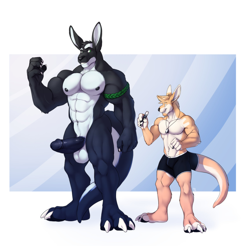 anthro balls clothed clothing duo erection facial_hair goatee humanoid_penis jewelry macropod male mammal marsupial muscular muscular_male necklace nude pecs penis smile solaxe_(artist) standing topless