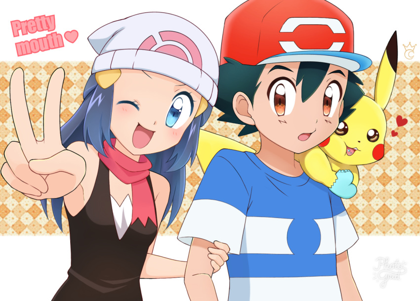 1bo 1girl :3 arm_up bangs bare_shoulders baseball-cap beanie black_hair black_shirt blue_eyes blue_hair blue_shirt breasts brown_eyes candy creatures_(company) eating english_text food game_freak gen_1_pokemon hair_between_eyes hair_ornament hairclip hand_up hat heart hikari_(pokemon) holding_arm koudzuki_(reshika213) long_hair looking_at_another looking_at_viewer nintendo one_eye_closed open_mouth orange_background outstretched_arm pikachu poke_ball_theme pokemon pokemon_(anime) pokemon_(creature) pokemon_dppt_(anime) pokemon_on_shoulder pokemon_sm_(anime) red_hat red_scarf satoshi_(pokemon) scarf shiny shiny_hair shirt short_hair short_sleeves sleeveless sleeveless_shirt small_breasts smile striped striped_shirt teeth tied_hair upper_body v watermark white_hat wink