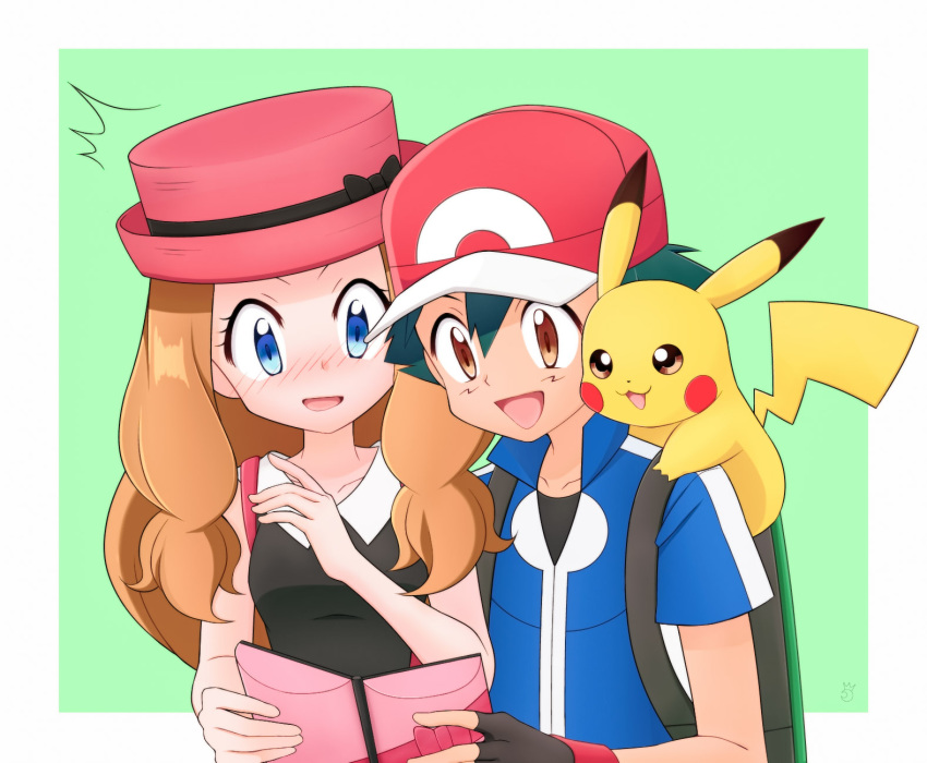 1boy 1girl :3 backpack bag bangs bare_shoulders black_bow black_gloves black_shirt blue_eyes blue_jacket blush blush_stickers border bow breasts brown_eyes brown_hair collarbone creatures_(company) fingerless_gloves game_freak gen_1_pokemon gloves hair_between_eyes hand_up hands_up happy hat hat_bow holding jacket jpeg_artifacts koudzuki_(reshika213) looking_down nintendo nose_blush open_mouth pikachu pokemon pokemon_(anime) pokemon_(creature) pokemon_on_shoulder pokemon_xy_(anime) satoshi_(pokemon) serena_(pokemon) shirt short_sleeves sleeveless sleeveless_shirt small_breasts smile upper_body watermark white_border