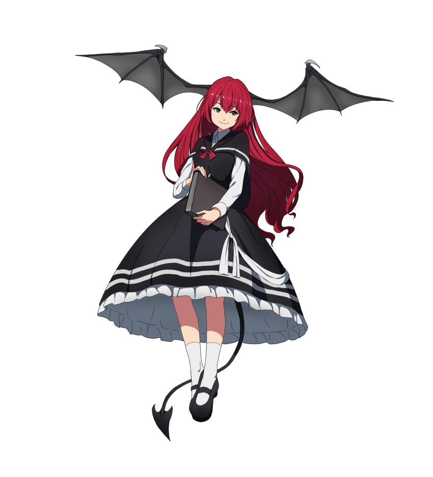 absurdres bad_id bad_twitter_id black_capelet black_dress black_footwear black_wings book capelet demon_girl demon_tail dress floating_hair full_body head_wings highres holding holding_book koakuma large_wings long_hair long_sleeves mary_janes petticoat red_hair shirt shishi_osamu shoes simple_background smile socks solo tail touhou white_background white_legwear white_shirt wings yellow_eyes