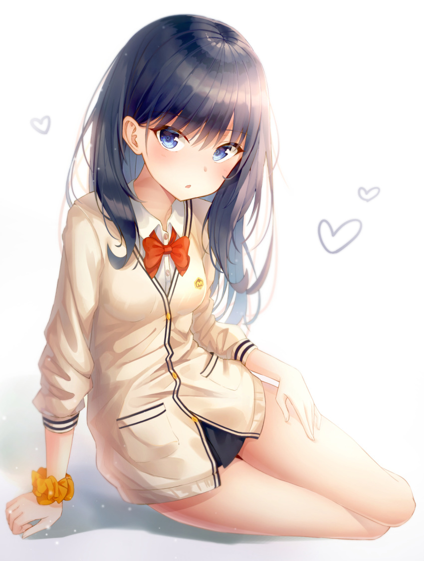 arm_support bangs black_hair black_skirt blue_eyes bow bowtie breasts buttons collared_shirt commentary_request emblem eyebrows_visible_through_hair heart highres kyubi long_hair looking_at_viewer medium_breasts microskirt orange_scrunchie parted_lips red_neckwear scrunchie shadow shirt sitting skirt solo ssss.gridman takarada_rikka thighs white_cardigan white_shirt wrist_scrunchie yokozuwari