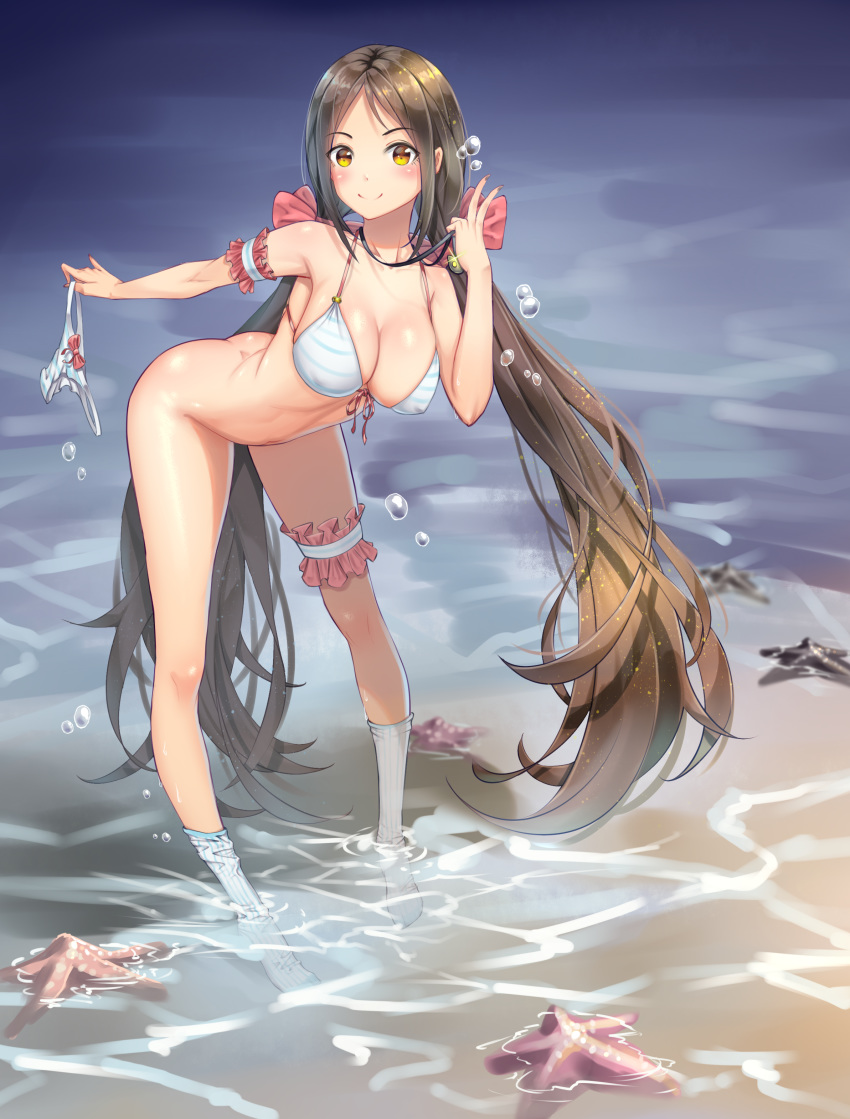 absurdres arms_behind_back ass bangs bikini bikini_bottom_removed blush bottomless breasts brown_eyes brown_hair cleavage collarbone commentary_request hair_ornament highres kneehighs konishi_(565112307) leaning_forward long_hair looking_at_viewer original outdoors partially_submerged pigeon-toed red_ribbon ribbed_legwear ribbon shiny shiny_hair sidelocks smile socks solo standing striped striped_bikini swimsuit thigh_strap thighs twintails v very_long_hair water white_bikini white_legwear