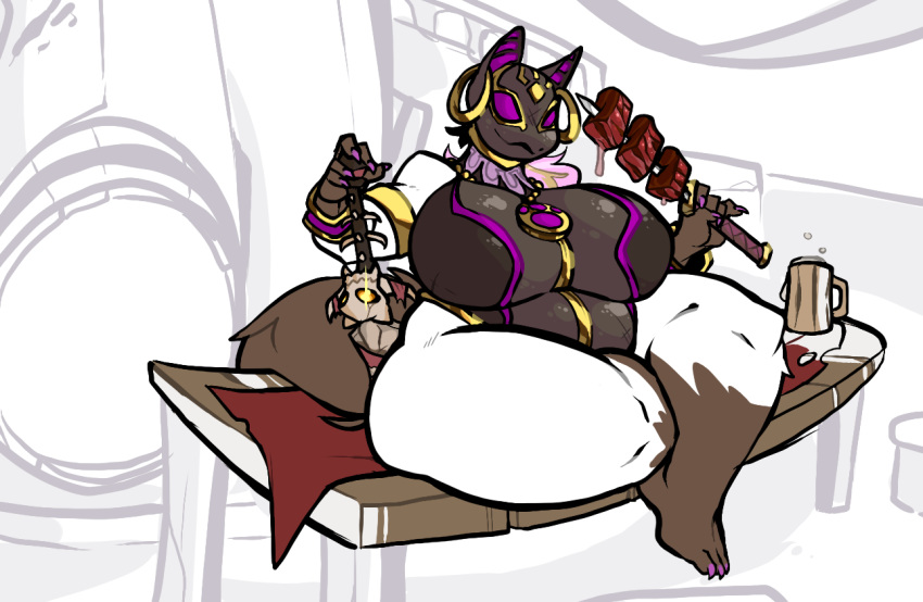 anthro beverage big_breasts breasts canine clothed clothing ear_piercing food huge_breasts jewelry jintonic mammal necklace no_pupils obese obese_female overweight piercing purple_sclera sitting solo thick_thighs