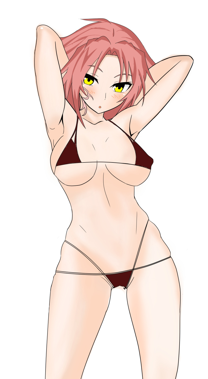 1girl absurdres bangs bikini breasts dragon_girl dragon_tattoo granberia hands_behind_head highres lafeto medium_breasts midriff mon-musu_quest! monster_girl navel open_mouth pose red_hair short_hair solo swimsuit tattoo yellow_eyes