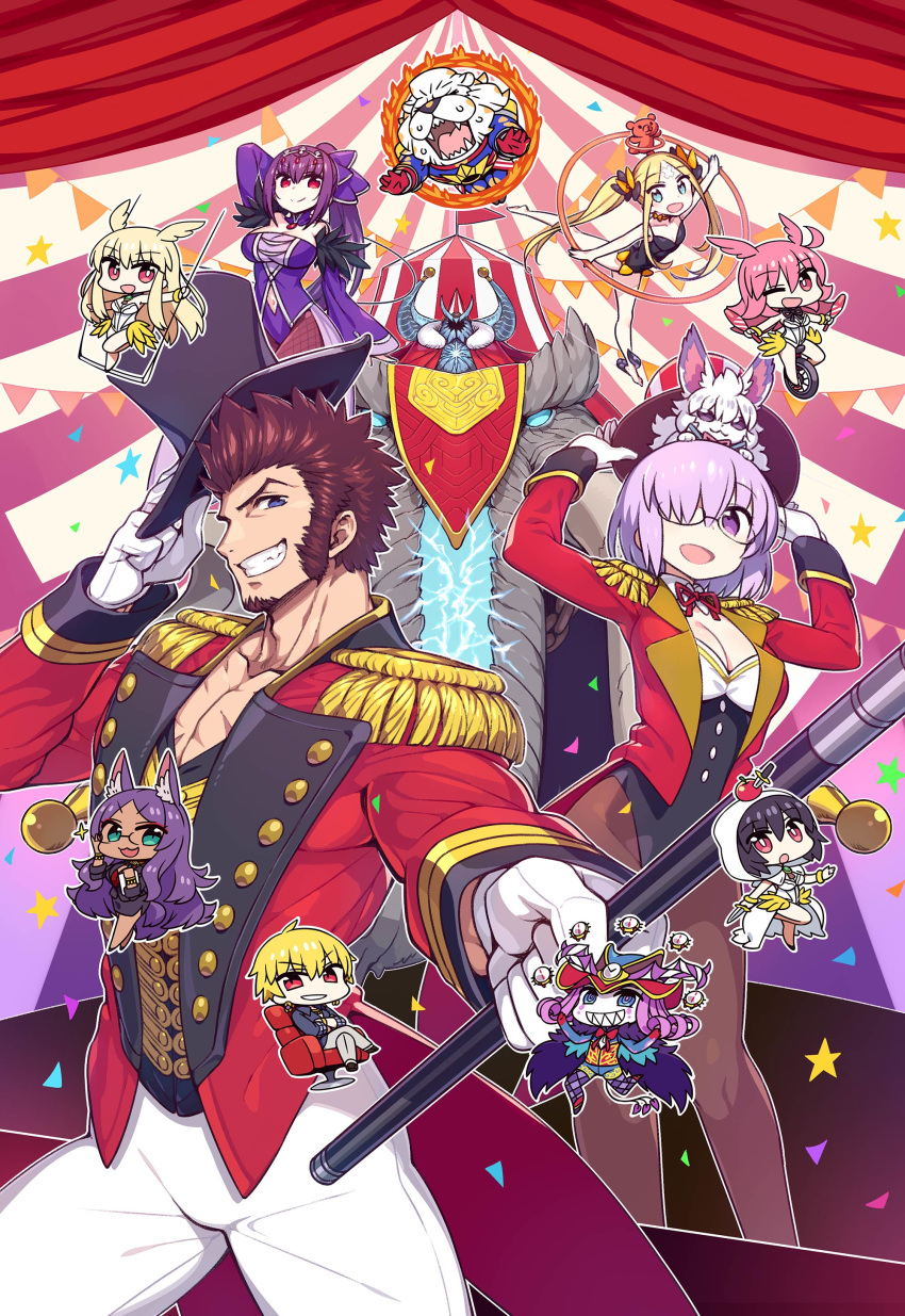 6+girls abigail_williams_(fate/grand_order) absurdres alternate_hairstyle animal_ears apple black_hair black_hat black_leotard blonde_hair blue_eyes breasts bright_pupils brown_hair cane chan_co chibi chibi_inset circus cleavage coattails confetti crossed_arms curtains dagger dark_skin detached_sleeves earrings epaulettes establishment_(fate/grand_order) fate/grand_order fate_(series) food fou_(fate/grand_order) fruit furry gilgamesh gilgamesh_(caster)_(fate) glasses gloves grin hair_over_one_eye hat head_wings highres hildr_(fate/grand_order) hoop hula_hoop ivan_the_terrible_(fate/grand_order) jacket jewelry juggling lavender_hair leotard long_hair mash_kyrielight mephistopheles_(fate/grand_order) multiple_boys multiple_girls napoleon_bonaparte_(fate/grand_order) official_art ortlinde_(fate/grand_order) outline pants pantyhose pectorals pink_hair poster purple_eyes purple_hair queen_of_sheba_(fate/grand_order) red_jacket scathach_(fate)_(all) scathach_skadi_(fate/grand_order) sharp_teeth sideburns skin_tight smile teeth textless thomas_edison_(fate/grand_order) thrud_(fate/grand_order) top_hat trapeze twintails valkyrie_(fate/grand_order) weapon white_gloves white_outline white_pants