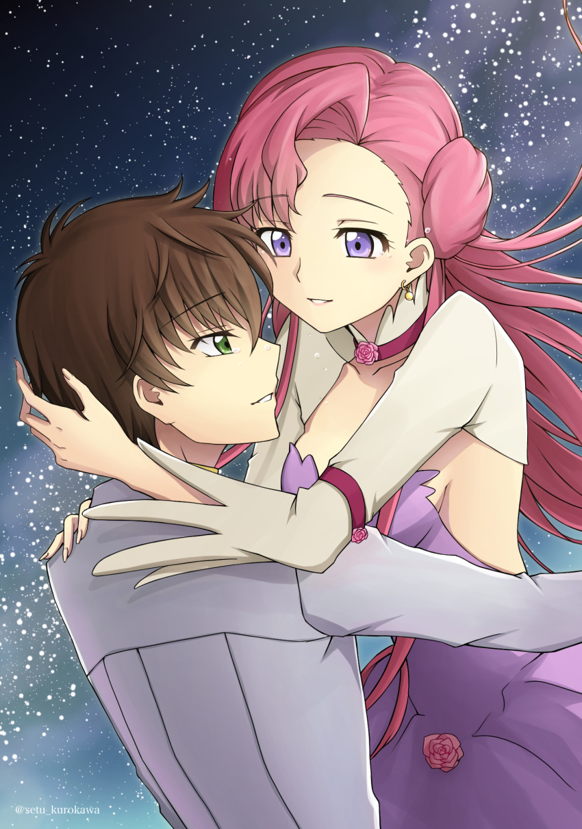 1girl breasts brown_hair choker code_geass collarbone couple dress earrings euphemia_li_britannia eyebrows_visible_through_hair floating green_eyes grey_jacket grey_sleeves hair_between_eyes highres jacket jewelry kururugi_suzaku long_hair medium_breasts parted_lips pink_eyes pink_hair purple_dress purple_eyes setu_kurokawa shrug_(clothing) sideboob sky sleeveless sleeveless_dress smile star_(sky) starry_sky striped striped_dress twitter_username very_long_hair