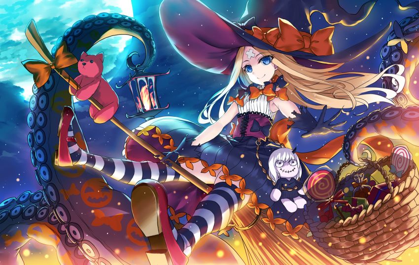 abigail_williams_(fate/grand_order) bare_shoulders black_bow black_gloves black_hat blonde_hair blue_eyes bow breasts broom broom_riding character_doll commentary_request corset fate/grand_order fate_(series) flying full_moon gloves halloween hat lavinia_whateley_(fate/grand_order) long_hair moon morizono_shiki night orange_bow smile solo tentacles white_hair witch_hat