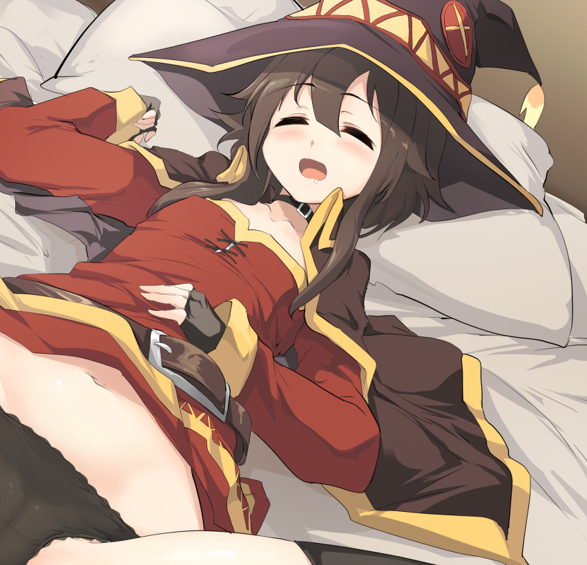 bangs bed belly_peek belt black_gloves black_legwear black_panties blush brown_cape brown_hair cameltoe cape choker closed_eyes collarbone commentary_request dress drooling dutch_angle fingerless_gloves gloves hand_on_own_stomach hand_up hat highres kono_subarashii_sekai_ni_shukufuku_wo! lace lace-trimmed_panties lying megumin momio navel on_back on_bed open_mouth panties pillow red_dress short_hair_with_long_locks sidelocks sleeping solo thighhighs underwear witch_hat