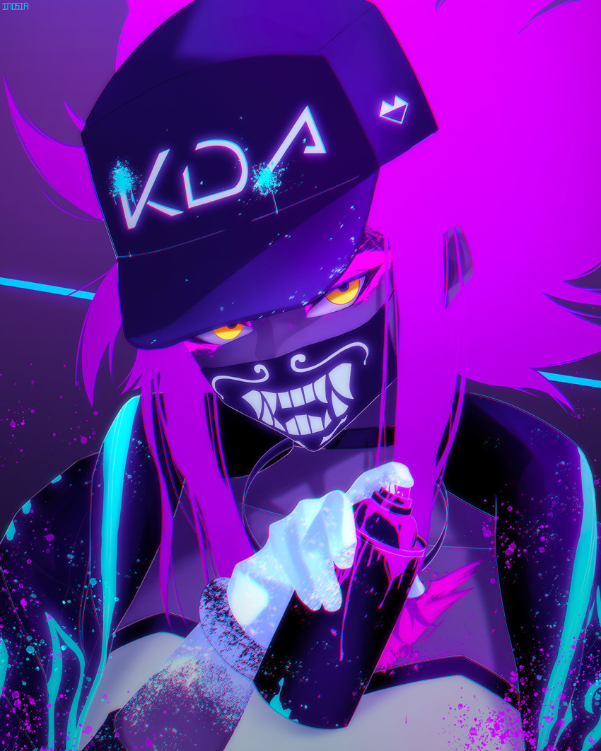 akali baseball_cap choker cropped_jacket face_mask gloves glowing hat highres inosia inverted_colors k/da_(league_of_legends) k/da_akali league_of_legends looking_at_viewer mask paint ponytail purple_hair solo spray_can ultraviolet_light yellow_eyes