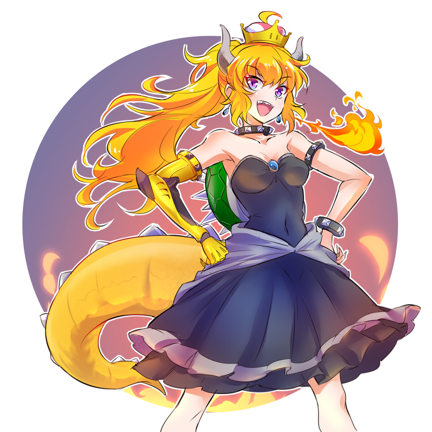 &gt;:d 1girl :d arm armlet asymmetrical_arms bare_shoulders big_tail black_dress blonde_hair bowsette bowsette_(cosplay) bracelet breasts cleavage collar cosplay covered_navel crown dress earrings evil_smile feet_out_of_frame female fire floating_hair hands_on_hips highres horns iesupa jewelry large_tail long_hair looking_at_viewer mario_(series) mechanical_arm medium_breasts monster_girl naughty_face new_super_mario_bros._u_deluxe nintendo open_mouth ponytail prosthesis prosthetic_arm purple_eyes rwby sharp_teeth shell smile solo spiked_armlet spiked_bracelet spiked_collar spiked_shell spiked_tail spikes standing strapless strapless_dress super_crown tail teeth turtle_shell upper_teeth wavy_hair yang_xiao_long