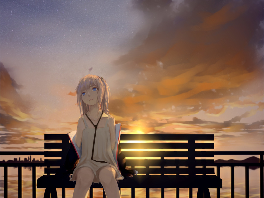 absurdres bench black_jacket black_neckwear blue_sky cityscape cloud commentary_request dress evening girls_frontline highres jacket long_hair looking_afar looking_up no_pupils on_bench open_clothes open_jacket orange_sky outdoors pink_hair railing sitting sky solo st_ar-15_(girls_frontline) sun sunlight sunset tacshojosora yellow_dress