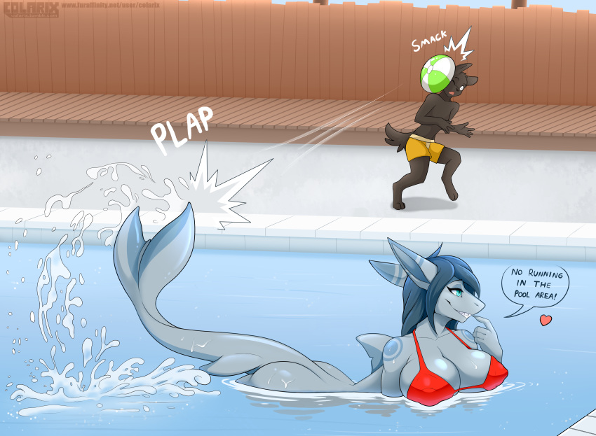 &lt;3 anthro ball big_breasts bikini bottomless breasts clothed clothing colarix duo english_text female fish hi_res hitting male marine nanja non-mammal_breasts partially_submerged shark smile swimming swimming_pool swimsuit text