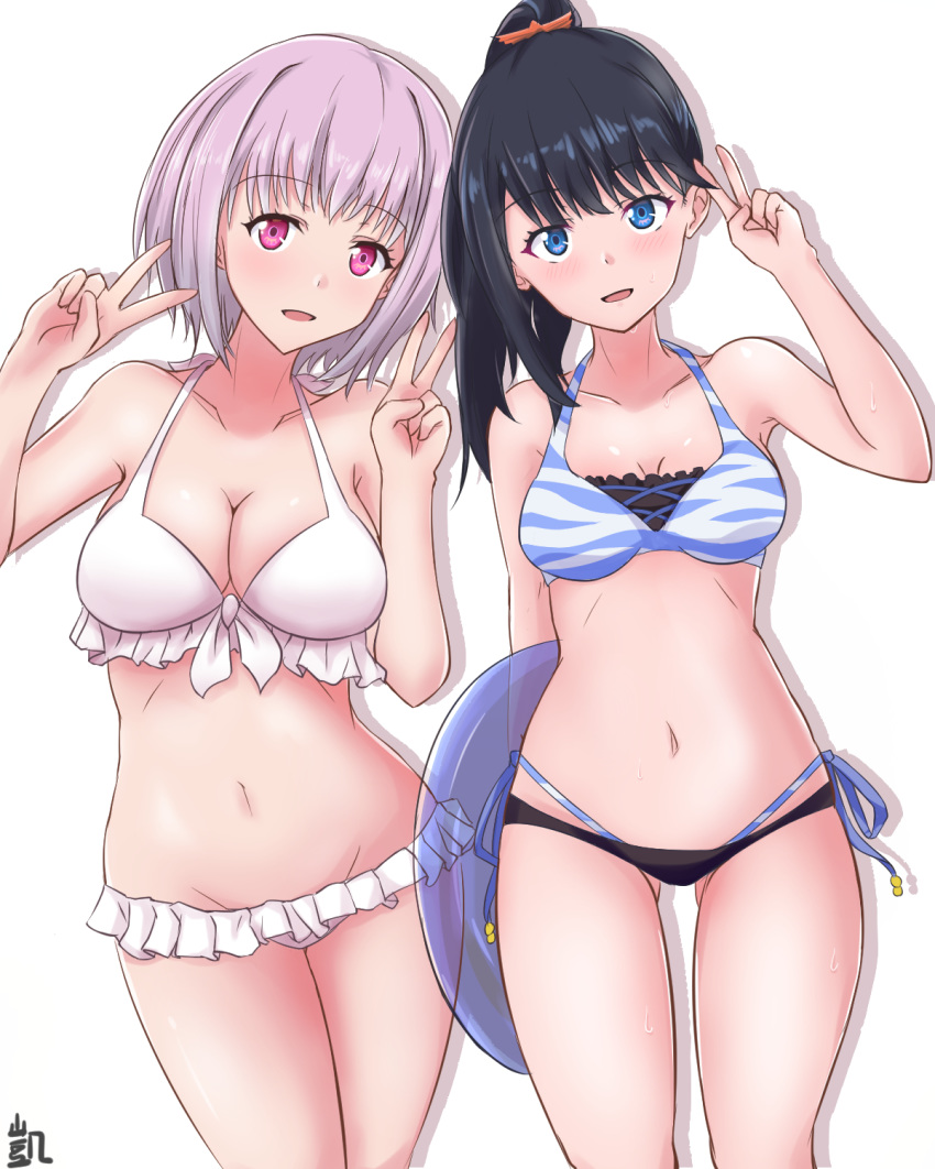 ass_visible_through_thighs bangs bikini black_bikini black_hair blue_eyes breasts cleavage collarbone double_v eyebrows_visible_through_hair frilled_bikini frills front-tie_bikini front-tie_top groin hair_ornament hair_scrunchie heckler_kai highres innertube large_breasts lavender_hair layered_bikini looking_at_viewer medium_breasts navel open_mouth orange_scrunchie pink_eyes ponytail scrunchie shinjou_akane smile ssss.gridman sweat swimsuit takarada_rikka tiger_print v white_background white_bikini