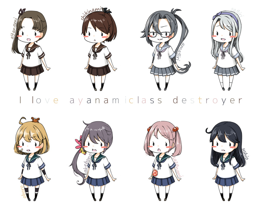 ahoge akebono_(kantai_collection) amagiri_(kantai_collection) ayanami_(kantai_collection) bandaid bandaid_on_face bangs bell black_hair black_legwear blonde_hair blue_neckwear blue_sailor_collar blue_skirt blunt_bangs blush_stickers bob_cut brown_hair brown_sailor_collar brown_skirt chibi chimaki. commentary_request crab flower full_body glasses grey_hair grey_sailor_collar hair_bell hair_bobbles hair_flower hair_ornament hair_ribbon hairband highres jingle_bell kantai_collection kneehighs long_hair multiple_girls neckerchief oboro_(kantai_collection) open_mouth pink_hair pleated_skirt ponytail purple_hair ribbon sagiri_(kantai_collection) sailor_collar sazanami_(kantai_collection) school_uniform serafuku shikinami_(kantai_collection) short_hair short_ponytail silver_hair skirt standing swept_bangs twintails ushio_(kantai_collection) very_long_hair white_background