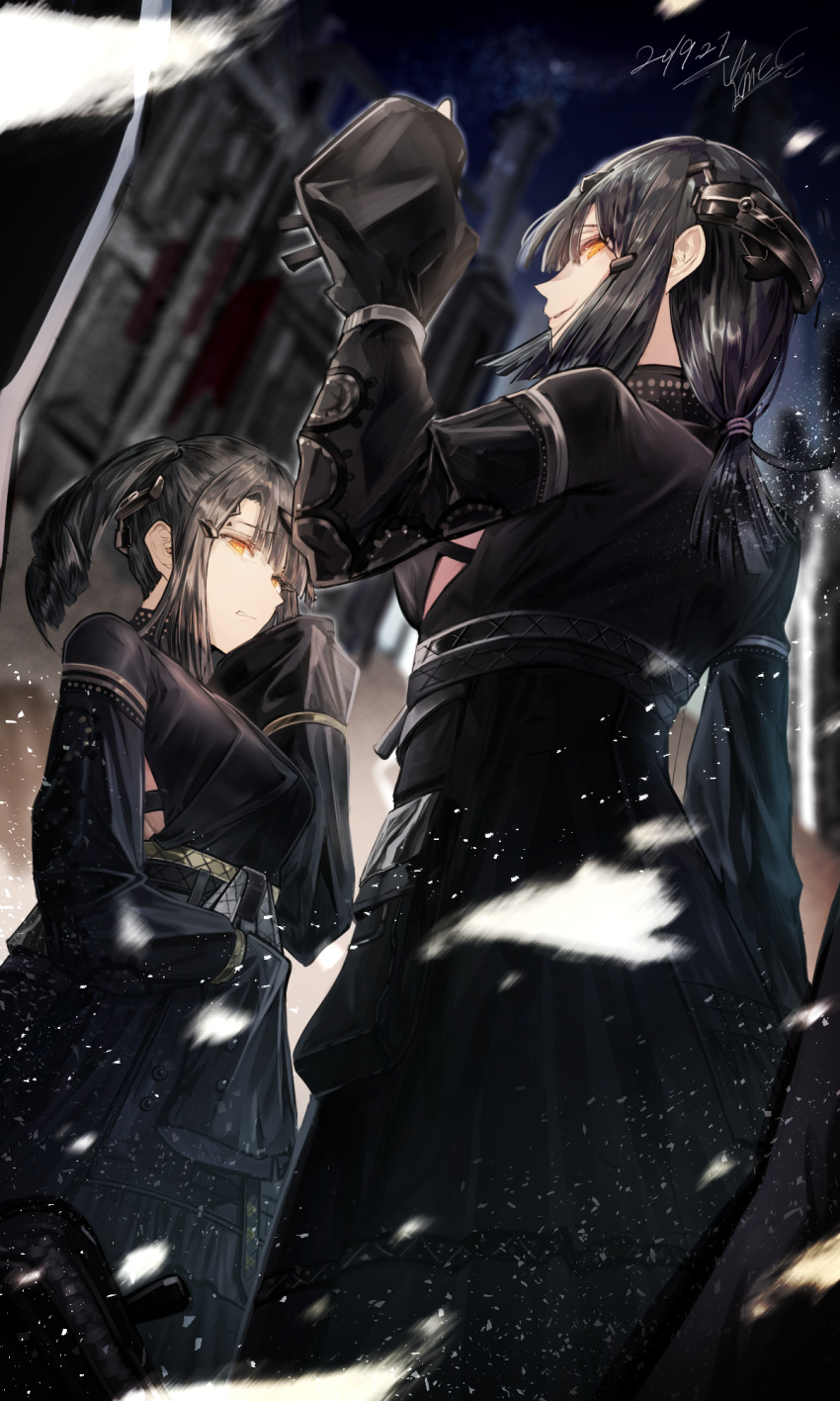 2girls bangs black_hair cizzi clenched_teeth dated dress girls_frontline hand_up headgear highres long_hair looking_at_viewer low_ponytail multiple_girls night nyto_mercurows_(girls_frontline) nyto_nimogen_(girls_frontline) orange_eyes outdoors parted_lips short_ponytail sidelocks signature sleeves_past_wrists smile teeth two_side_up