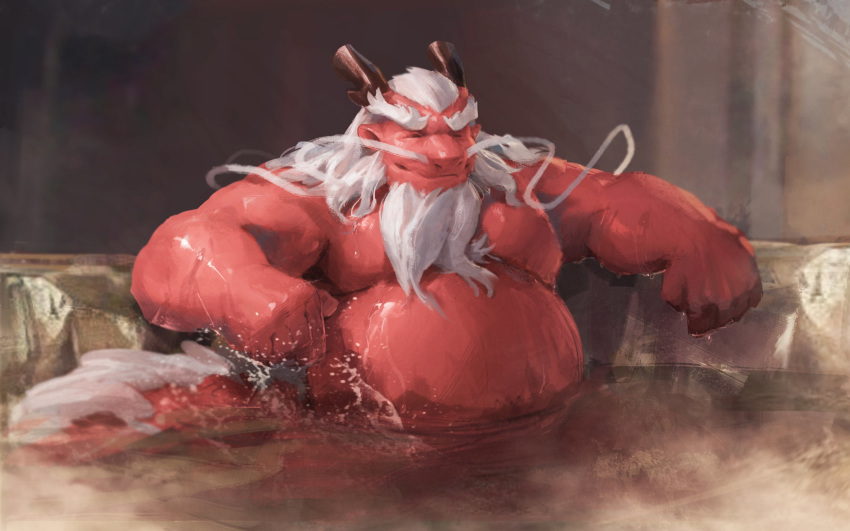 5_fingers anthro barazoku beard belly dragon eastern_dragon facial_hair hair happy horn kemono lindong male mature_male moziqiao musclegut muscular pecs red_body relaxing scalie smile solo water whiskers white_hair