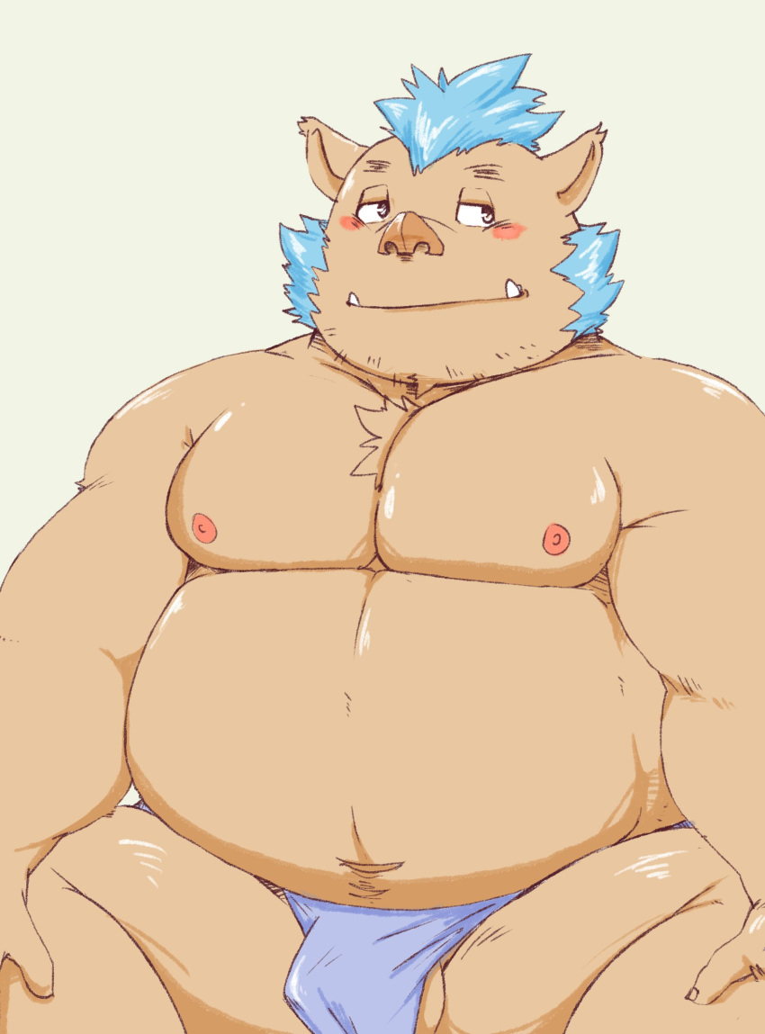 2018 anthro belly blush boar bulge clothing gouryou humanoid_hands jumperbear male mammal mohawk moobs navel nipples overweight overweight_male porcine simple_background sitting solo tokyo_afterschool_summoners tusks underwear
