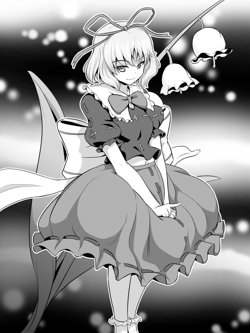 &gt;:) breasts bubble_skirt commentary_request flower frilled_legwear frilled_shirt_collar frilled_skirt frilled_sleeves frills greyscale highres huge_bow kakone leaf lily_of_the_valley looking_at_viewer medicine_melancholy medium_breasts monochrome puffy_short_sleeves puffy_sleeves ribbon short_sleeves skirt smile touhou tsurime