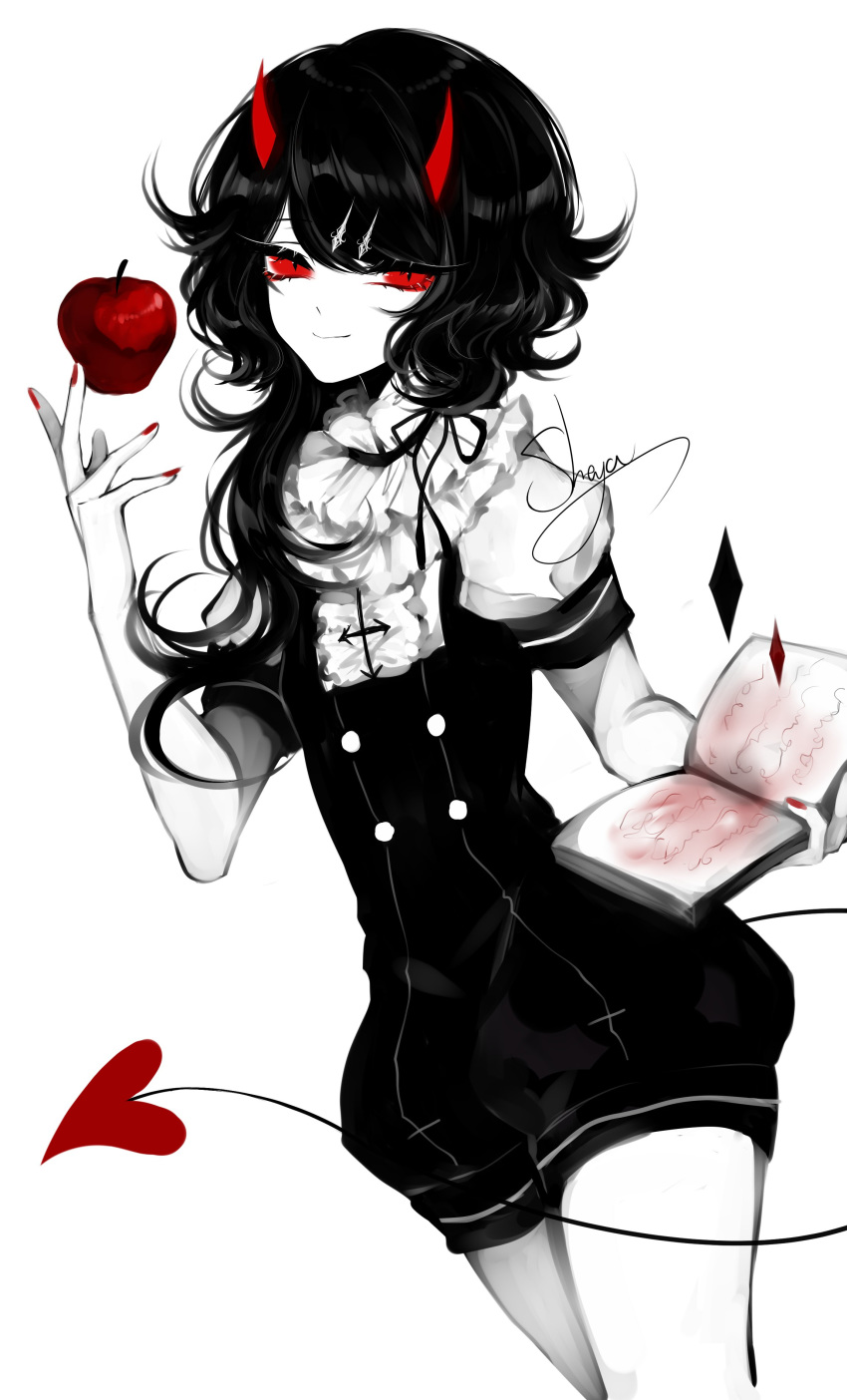 absurdres apple artist_name bangs black_hair book collar cowboy_shot demon_tail diamond_(shape) eyelashes food frilled_collar frills fruit hand_up highres holding holding_book horns limited_palette long_hair looking_at_viewer nail_polish original puffy_short_sleeves puffy_shorts puffy_sleeves red_eyes red_nails sheya shirt short_shorts short_sleeves shorts signature simple_background smile solo spot_color swept_bangs tail thighs white_background
