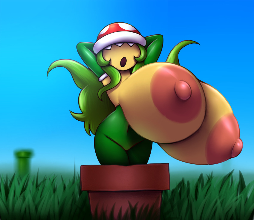 2018 anthro areola armwear big_breasts breast_expansion breasts cleavage clothed clothing day detailed_background digital_media_(artwork) elbow_gloves elfdrago eyeless female flora_fauna gloves grass green_hair hair hands_behind_head hi_res huge_breasts humanoid hyper hyper_breasts looking_at_viewer mario_bros navel nintendo nipples open_mouth outside partially_clothed piranha_plant plant pot_(disambiguation) sky solo teeth video_games voluptuous
