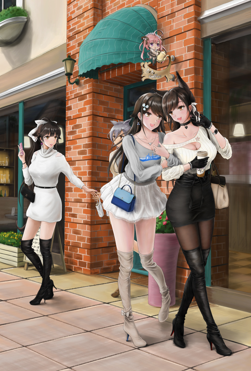 absurdres animal_ears atago_(azur_lane) azur_lane bag bangs belt black_footwear black_gloves black_hair black_legwear black_skirt blouse blush boots bow breasts brown_eyes brown_footwear casual cellphone chinese_commentary choker choukai_(azur_lane) cleavage cleavage_cutout coffee_cup collarbone commentary_request cup day disposable_cup dress earrings eyebrows_visible_through_hair full_body gloves grey_blouse hair_between_eyes hair_bow hair_ornament hand_up handbag high_heel_boots high_heels highres holding holding_cup holding_hands holding_phone huge_filesize jewelry large_breasts locked_arms long_hair long_sleeves looking_at_another maidigou maya_(azur_lane) multiple_girls nail_polish necklace off-shoulder_sweater off_shoulder open_mouth outdoors pantyhose phone pink_nails ponytail ribbed_sweater ribbon ring saratoga_(azur_lane) short_hair siblings silver_hair sisters skirt smartphone smile standing storefront sweater takao_(azur_lane) taut_clothes thigh_boots thighhighs thighs turtleneck_dress very_long_hair walking watch wedding_ring white_bow white_dress white_footwear white_skirt