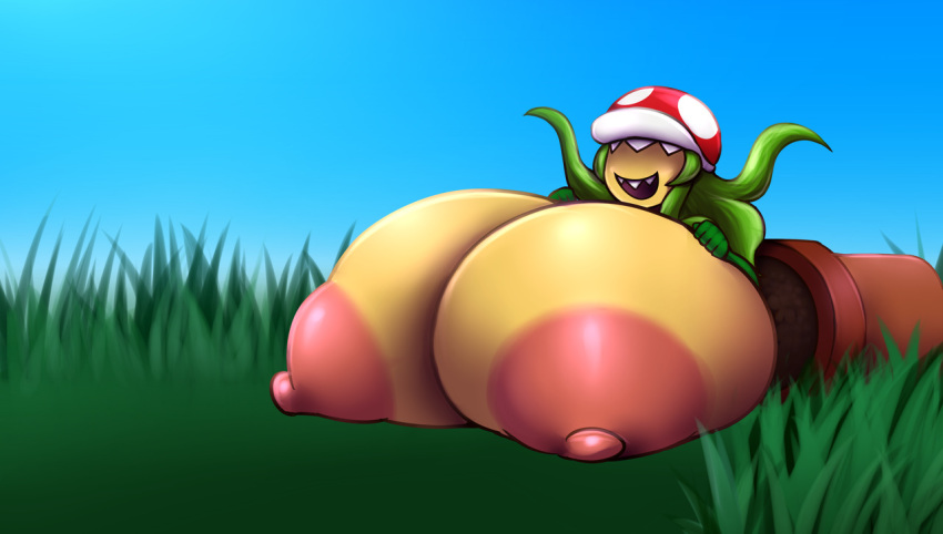 2018 anthro areola armwear big_breasts breast_expansion breasts cleavage clothed clothing day detailed_background digital_media_(artwork) elbow_gloves elfdrago eyeless female flora_fauna gloves grass green_hair hair hand_on_breast hi_res huge_breasts humanoid hyper hyper_breasts lying mario_bros navel nintendo nipples open_mouth outside partially_clothed piranha_plant plant pot_(disambiguation) sky smile solo teeth video_games voluptuous