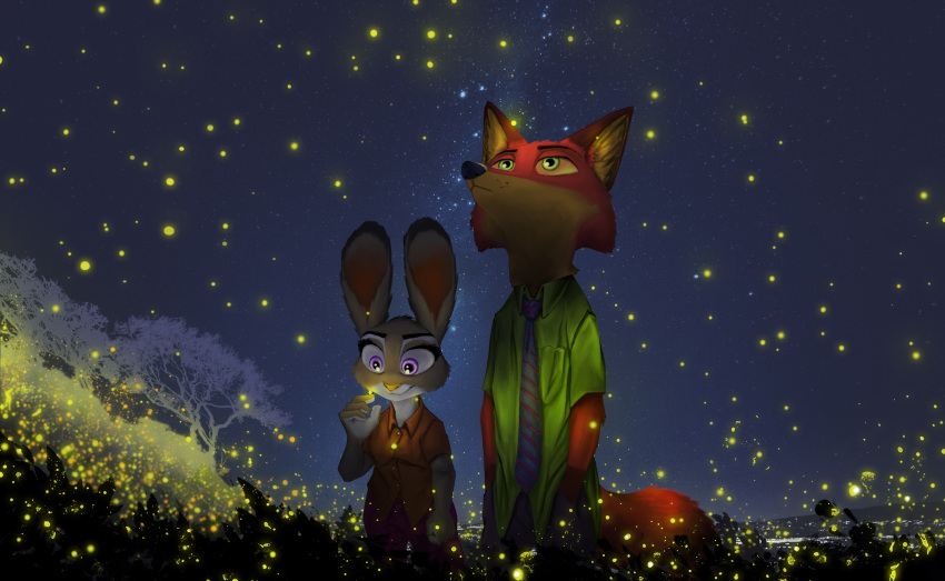 2018 anthro arthropod canine cheek_tuft clothed clothing dipstick_ears disney duo female firefly fox gloves_(marking) green_eyes hands_in_pockets insect judy_hopps lagomorph male mammal markings necktie nick_wilde outside purple_eyes rabbit sky star starry_sky thewyvernsweaver tuft zootopia