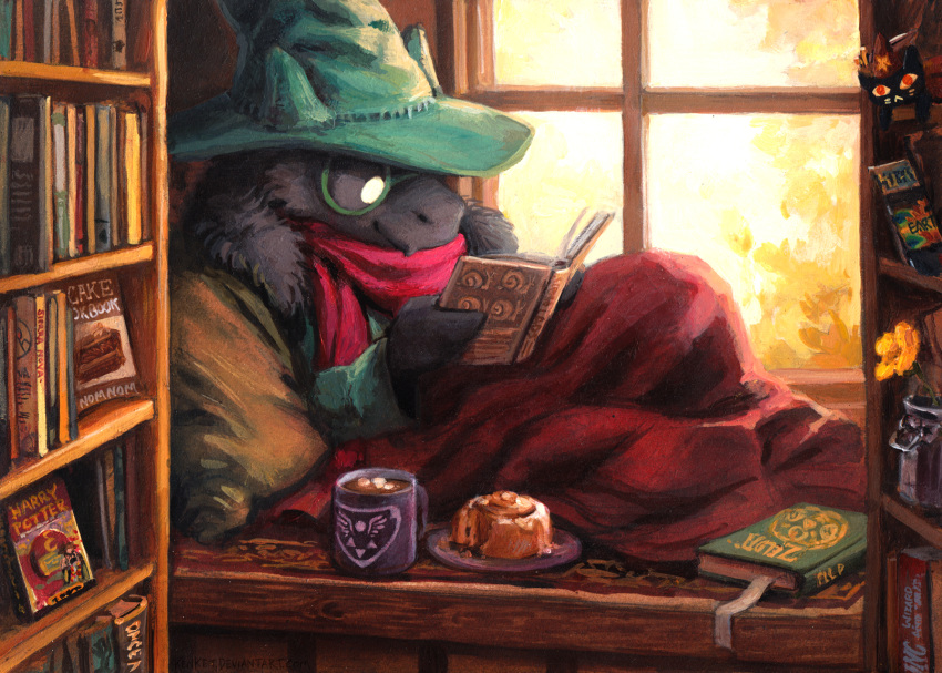 2018 anthro black_fur book caprine deltarune detailed_background eyewear fur glasses goat hat kenket mae_(nitw) mammal night_in_the_woods ralsei reading smile solo