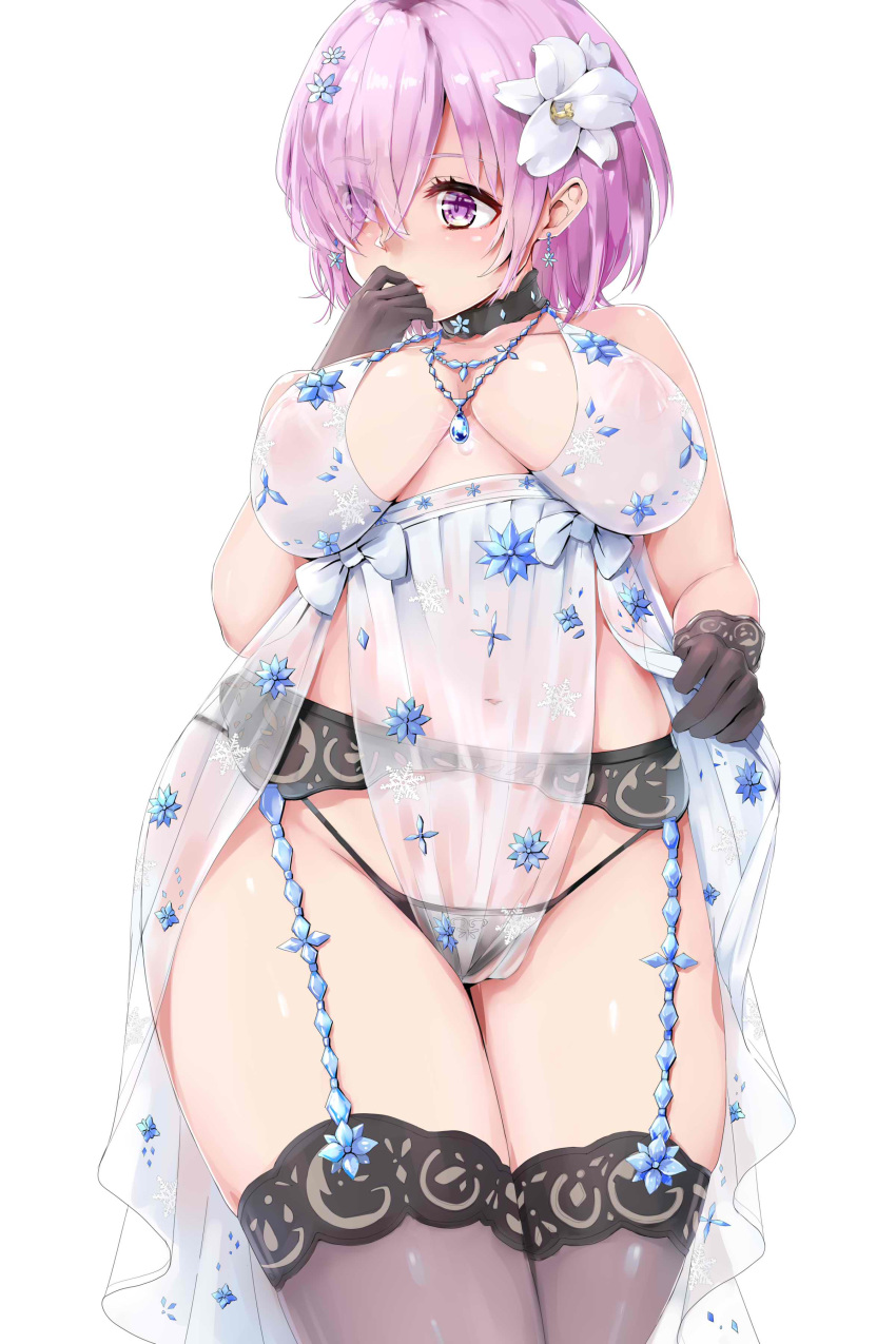 absurdres artoria_pendragon_(all) artoria_pendragon_(lancer_alter) artoria_pendragon_(lancer_alter)_(cosplay) artoria_pendragon_(swimsuit_rider_alter) artoria_pendragon_(swimsuit_rider_alter)_(cosplay) bare_shoulders black_gloves breasts commentary_request cosplay curvy earrings eyes_visible_through_hair fate/grand_order fate_(series) flower gloves hair_flower hair_ornament hair_over_one_eye highres hips jewelry kntrs_(knyrs) large_breasts looking_to_the_side mash_kyrielight navel nipples no_eyewear puffy_nipples purple_hair royal_icing see-through short_hair solo thighs