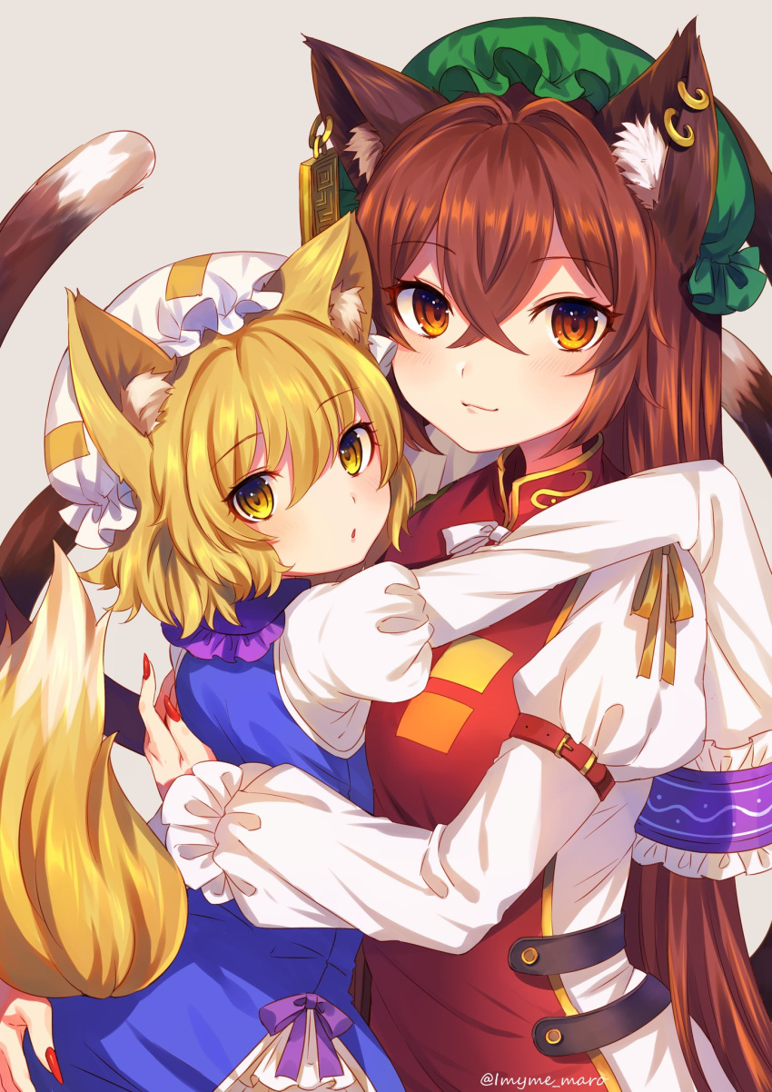2girls age_switch alternate_hair_length alternate_hairstyle animal_ear_fluff animal_ears artist_name bangs blonde_hair blue_dress blush brown_eyes brown_hair cat_ears cat_tail chen commentary_request cowboy_shot dress earrings eyebrows_visible_through_hair fingernails fox_ears fox_tail frilled_shirt_collar frills green_hat grey_background hair_between_eyes hair_intakes hat highres hug jewelry juliet_sleeves long_hair long_sleeves looking_at_viewer marota mob_cap multiple_girls multiple_tails nail_polish neck_ribbon nekomata older puffy_sleeves red_nails ribbon sharp_fingernails shirt simple_background smile tabard tail touhou twitter_username two_tails very_long_hair white_hat white_neckwear white_ribbon white_shirt yakumo_ran yellow_eyes yellow_ribbon younger
