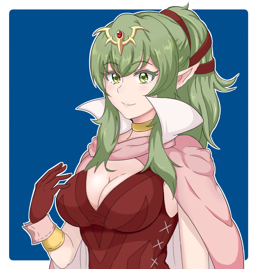 1girl blue_background breasts cape chiki cleavage fire_emblem fire_emblem:_kakusei gloves green_eyes green_hair high_collar highres large_breasts mamkute nintendo pointy_ears ponytail red_gloves smile