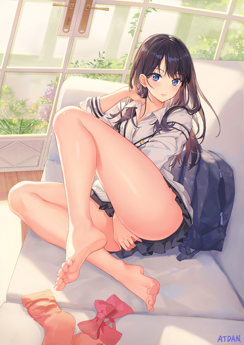 atdan barefoot between_legs black_hair blue_eyes book cardigan commentary feet flower hand_between_legs hand_in_hair highres legs_up long_hair looking_at_viewer parted_lips skirt smile socks_removed soles solo ssss.gridman sunlight takarada_rikka thighs toes window