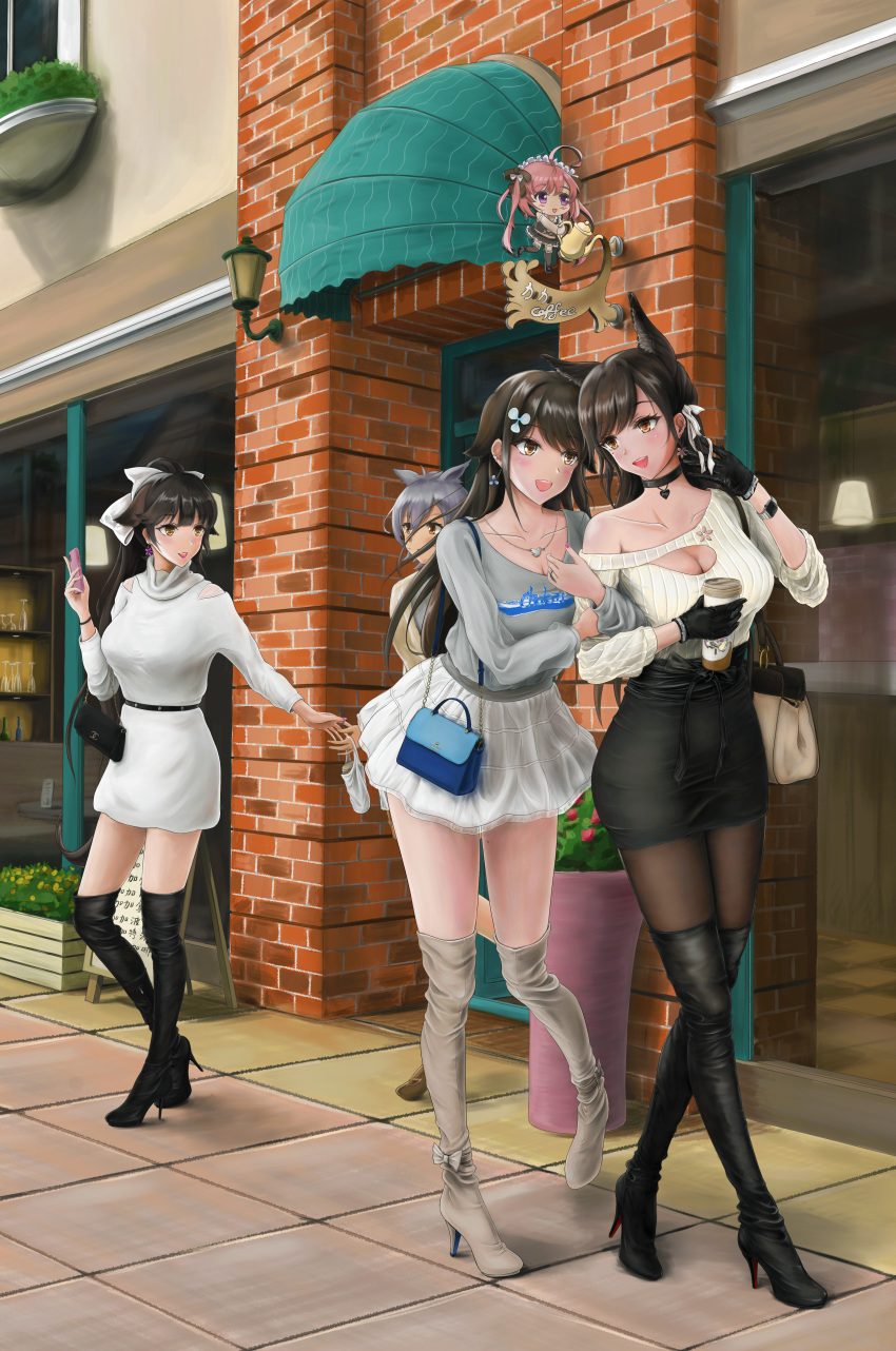 absurdres animal_ears atago_(azur_lane) azur_lane bag bangs belt black_footwear black_gloves black_hair black_legwear black_skirt blouse blush boots bow breasts brown_eyes brown_footwear casual cellphone chinese_clothes choker choukai_(azur_lane) cleavage cleavage_cutout coffee_cup collarbone commentary_request cup day disposable_cup dress earrings eyebrows_visible_through_hair full_body gloves grey_blouse hair_between_eyes hair_bow hair_ornament hand_up handbag high_heel_boots high_heels highres holding holding_cup holding_hands holding_phone huge_filesize jewelry large_breasts locked_arms long_hair long_sleeves looking_at_another maidigou maya_(azur_lane) multiple_girls nail_polish necklace off-shoulder_sweater off_shoulder open_mouth outdoors pantyhose phone pink_nails ponytail ribbed_sweater ribbon ring saratoga_(azur_lane) short_hair siblings silver_hair sisters skirt smartphone smile standing storefront sweater takao_(azur_lane) taut_clothes thigh_boots thighhighs thighs turtleneck_dress very_long_hair walking watch wedding_ring white_bow white_dress white_footwear white_skirt