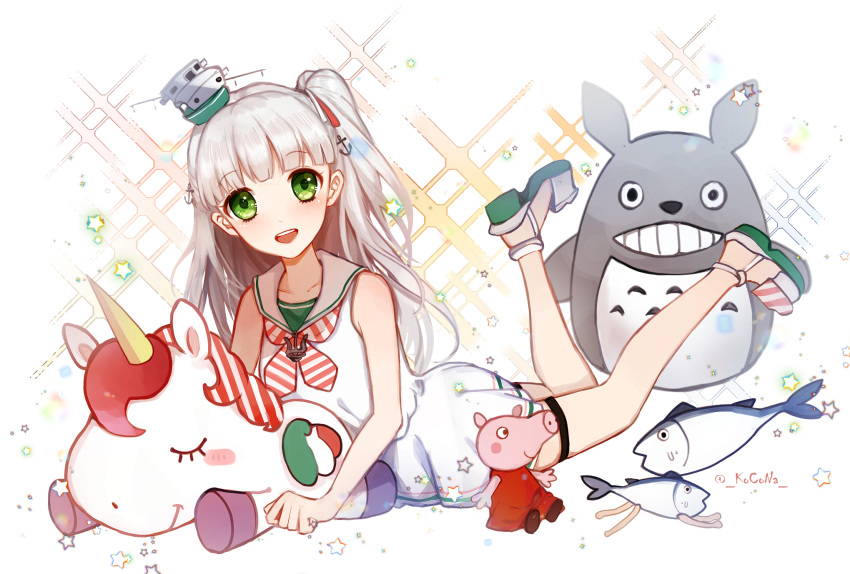 anchor_hair_ornament anchor_necklace bangs blunt_bangs crossover dress fish green_eyes hair_ornament hair_ribbon highres italian_flag kantai_collection kocona long_hair looking_at_viewer lying maestrale_(kantai_collection) on_stomach one_side_up open_mouth peppa_pig peppa_pig_(series) ribbon sailor_collar sailor_dress silver_hair sleeveless sleeveless_dress smile solo sparkle stuffed_toy tonari_no_totoro totoro unicorn white_background white_dress white_ribbon