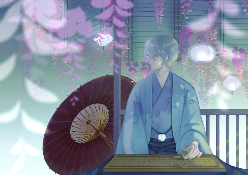 absurdres blurry board_game closed_mouth depth_of_field expressionless flower glasses haori highres holding japanese_clothes kimono lantern looking_away looking_to_the_side male_focus oriental_umbrella parasol pom_pom_(clothes) sangatsu_no_lion shougi silver_hair sitting solo sougentatata souya_touji umbrella white_hair wisteria