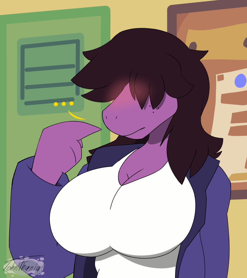 anthro big_breasts blush breasts deltarune female freckles hair hair_over_eyes johnithanial locker reptile scalie school solo susie_(deltarune)