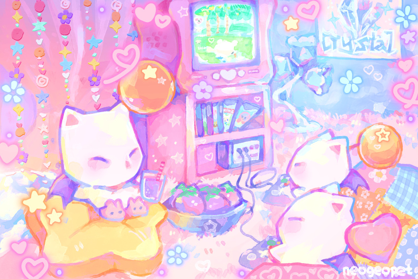 animal_ears artist_name bat_wings beads blush bowl closed_eyes colorful commentary cup english_commentary final_fantasy food game_console gamecube gamecube_controller heart heisei_retro highres holding holding_cup hue_shifting indoors kirby kirby_(series) moogle neogeopet no_humans orb pikachu pillow playing_games pokemon poster_(object) slippers star_(symbol) television white_fur wings yume_kawaii