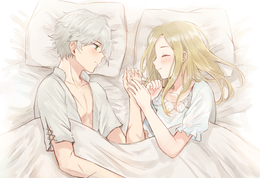 1girl bed bed_sheet blanket blonde_hair blouse blush closed_eyes collarbone collared_shirt couple green_eyes grey_hair hetero holding_hands long_hair looking_at_another lying octopath_traveler on_side open_clothes open_shirt ophilia_(octopath_traveler) pillow shirt short_hair short_sleeves smile therion_(octopath_traveler) unbuttoned unbuttoned_shirt wspread