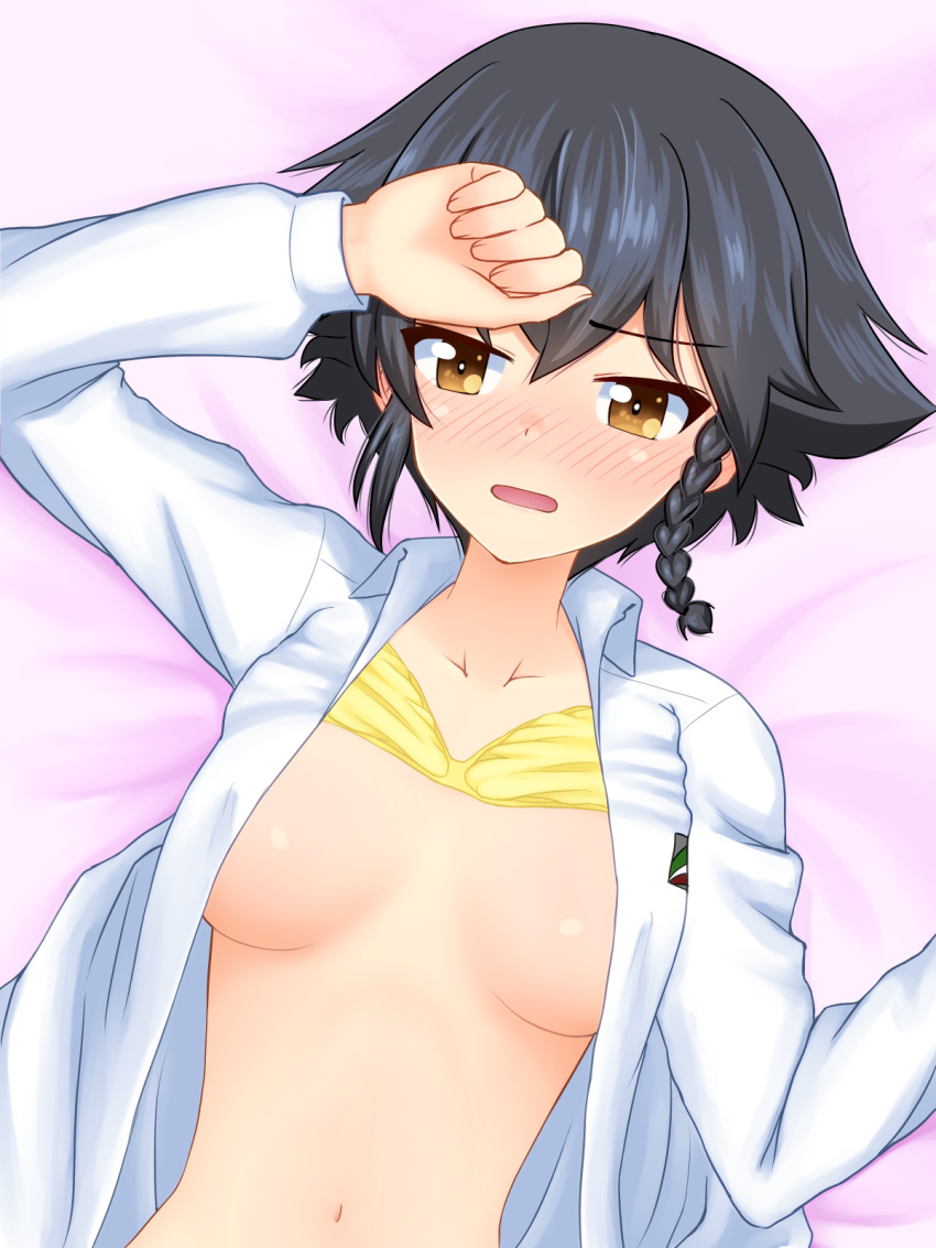 anzio_school_uniform bed black_hair blush bra breasts breasts_apart collarbone covered_nipples girls_und_panzer highres large_breasts lying navel on_back open_clothes open_mouth open_shirt pepperoni_(girls_und_panzer) ruka_(piyopiyopu) school_uniform solo underwear yellow_bra yellow_eyes