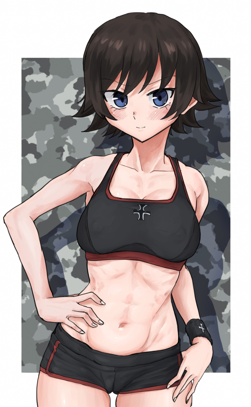 abs bangs black_shorts black_sports_bra blue_eyes blush breasts brown_hair camouflage_background cleavage closed_mouth commentary cowboy_shot emblem eyebrows_visible_through_hair girls_und_panzer gym_shorts hand_on_hip highres iron_cross looking_at_viewer mauko_(girls_und_panzer) medium_breasts navel outside_border shadow short_hair short_shorts shorts smile solo sports_bra standing toku_(yhpv8752) wristband