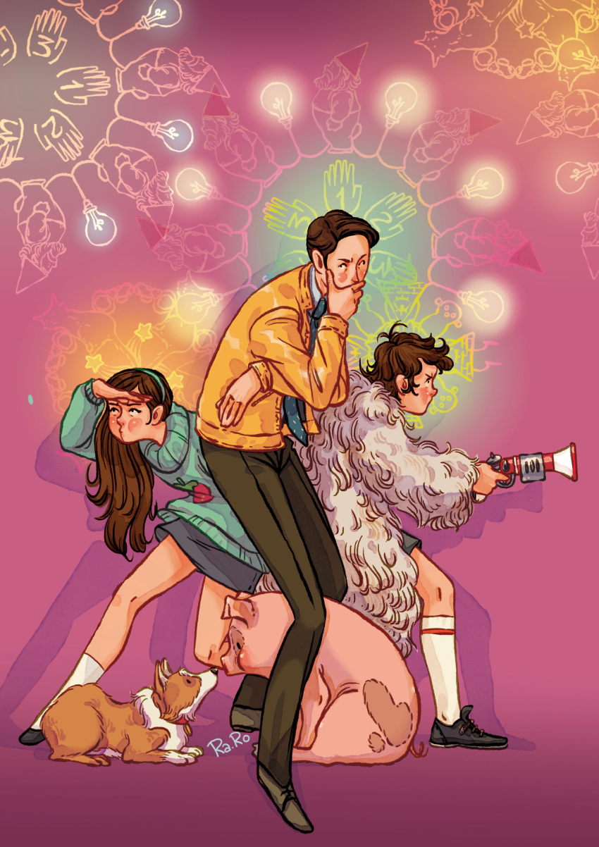 crossover dipper_pines dirk_gently dirk_gentlys_hollistic_detective_agency fur_coat gnome gravity_falls gun hairband highres jacket leather leather_jacket long_hair mabel_pines necktie netflix pullover ra_ro short_hair waddles weapon welsh_corgi