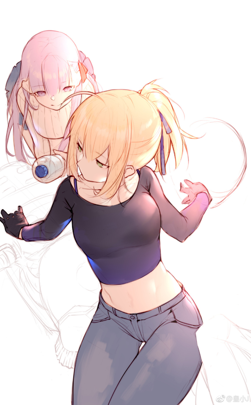 absurdres ahoge alternate_hairstyle artoria_pendragon_(all) bent_over black_gloves breasts crop_top denim eyebrows_visible_through_hair fate/stay_night fate_(series) gloves green_eyes hair_ribbon highres jeans joseph_lee long_hair long_sleeves matou_sakura medium_breasts midriff multiple_girls navel pants pleated_skirt ponytail purple_eyes purple_hair ribbed_sweater ribbon saber sidelocks simple_background skirt smile sweater thigh_gap unfinished
