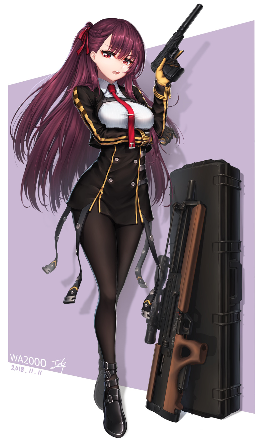 absurdres ankle_strap arm_under_breasts baek_hyang bangs bipod black_footwear black_legwear black_skirt blazer braid breasts bullpup character_name collared_shirt commentary_request dated eyebrows_visible_through_hair framed_breasts french_braid full_body girls_frontline gloves gun hair_ribbon half_updo handgun high-waist_skirt highres holding holding_gun holding_weapon jacket korean_commentary large_breasts long_hair looking_at_viewer necktie one_side_up open_mouth p99 pantyhose pelvic_curtain purple_hair red_eyes red_neckwear red_ribbon ribbon rifle shirt shoes signature skirt sniper_rifle solo strap striped striped_shirt taut_clothes taut_shirt trigger_discipline very_long_hair wa2000_(girls_frontline) walther walther_wa_2000 weapon weapon_case white_shirt