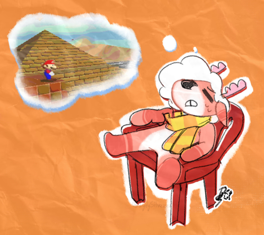 2025 ambiguous_gender anthro antlers black_nose bodily_fluids brown_body chair clothing colored_sketch deer digital_drawing_(artwork) digital_media_(artwork) dydy_silva eyebrow_through_hair eyebrows eyes_closed featureless_crotch featureless_feet feet fingers flat_colors furniture hair hair_over_eye heat_(temperature) hi_res horn mammal mario mario_bros mostly_nude nintendo on_chair open_mouth outline pattern_clothing pattern_scarf reclining scarf scarf_only screencap signature sitting sitting_on_chair sketch solo spread_legs spreading striped_clothing striped_scarf stripes super_mario_64 sweat sweatdrop teeth thought_bubble toony translucent translucent_hair white_body white_hair white_outline yellow_scarf