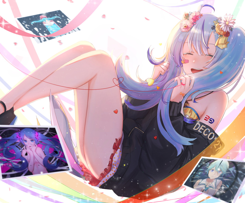 39 ai_kotoba_iii_(vocaloid) black_sweater blue_hair closed_eyes collarbone creator_connection daisy floating_hair flower frilled_bikini_top ghost_rule_(vocaloid) hair_between_eyes hair_flower hair_ornament halterneck hatsune_miku heart heart_of_string hibana_(vocaloid) highres holding holding_hair long_hair lucy_(rusi-juren328) miniskirt off-shoulder_shirt open_mouth petals photo_(object) pink_flower pleated_skirt red_ribbon red_skirt ribbon rose shiny shiny_hair shirt skirt solo sweater twintails very_long_hair vocaloid white_background white_flower yellow_bikini_top yellow_flower yellow_rose