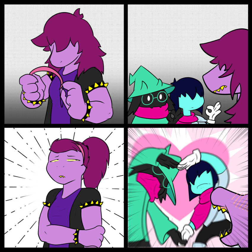 &lt;3 2018 anthro blush brandrawthings_(artist) caprine clothed clothing deltarune digital_media_(artwork) eyewear female fur glasses goat hair human kris_(deltarune) male mammal ralsei reptile scalie simple_background spikes susie_(deltarune) teeth video_games