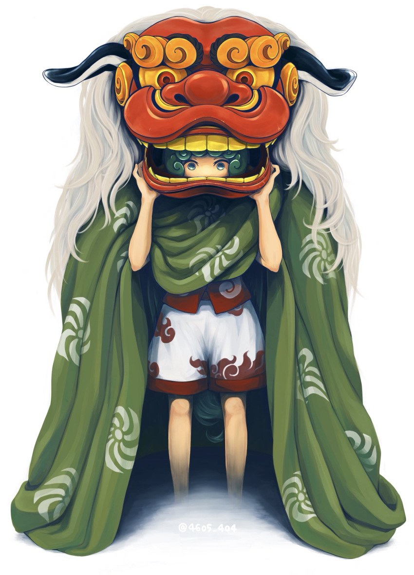 animal_ears bangs bare_legs cloud_print cropped_legs curly_hair full_body green_eyes green_hair hands_up highres komainu komano_aun looking_at_viewer red_shirt shiratama_(irodoli) shirt shishimai shorts simple_background solo standing tail touhou twitter_username under_covers white_background white_shorts