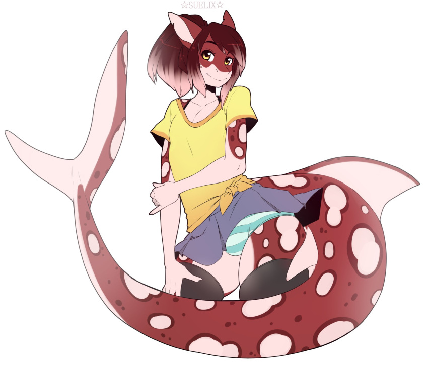 anthro brown_hair bulge clothed clothing crossdressing darryl fish girly hair legwear long_tail looking_at_viewer male marine panties ponytail red_skin shark shirt simple_background skirt smile solo spots spotted_skin suelix thigh_highs underwear white_background white_skin yellow_eyes