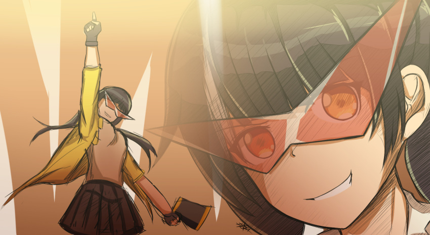 bangs black_gloves black_hair breasts commentary eyebrows_visible_through_hair fingerless_gloves girls_frontline gloves heterochromia holding_megaphone iam jacket kamina_shades large_breasts long_hair looking_at_viewer multicolored_hair multiple_views open_mouth orange_eyes parody ro635_(girls_frontline) shirt skirt smile streaked_hair tengen_toppa_gurren_lagann twintails white_hair yellow_eyes